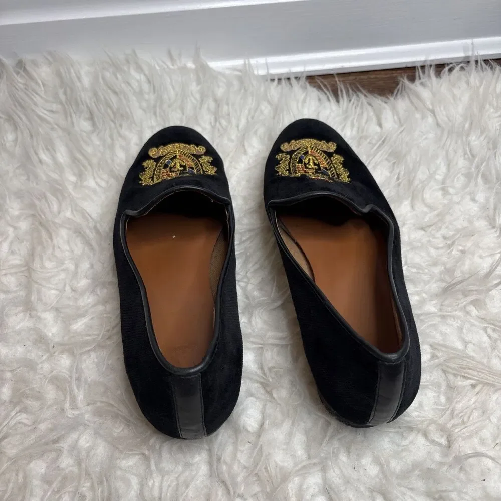 Jon Josef Black Velvet Gatsby Shield Emblem Leather Loafers Flats Shoes Size 7.5 - Picture 3 of 16